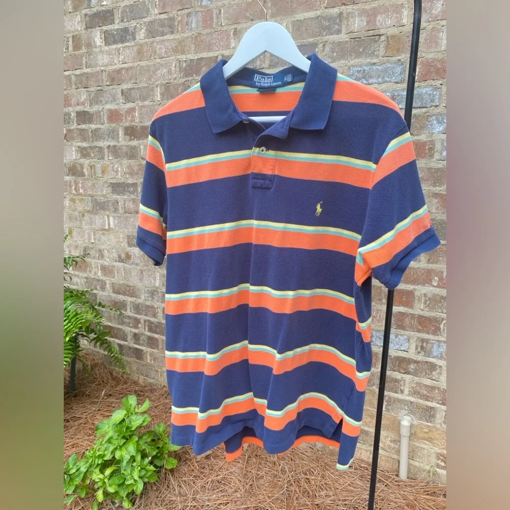 Polo Ralph Lauren Vintage 90s Orange Navy Polo Shirt Striped size XL Gameday